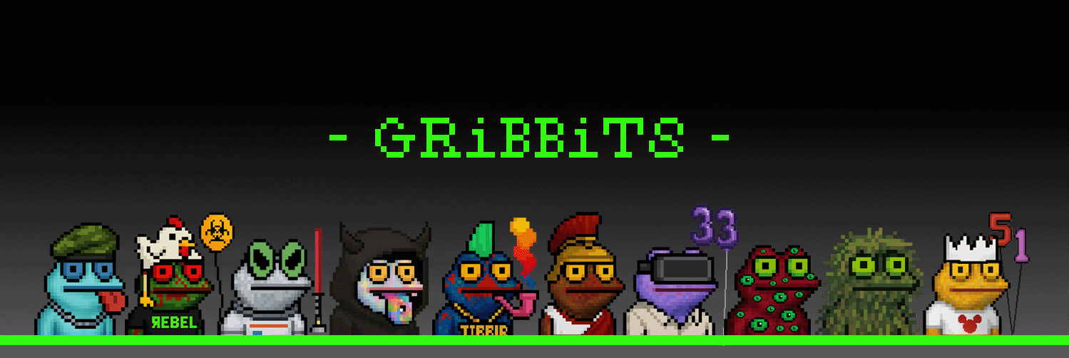 Official GRiBBiTS collection banner featuring a row of pixel-art frogs